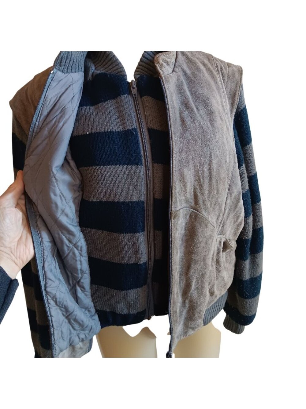 Women's True Vintage Jacket Large Suede Knit Bomber Striped Grunge Learsi 1990's